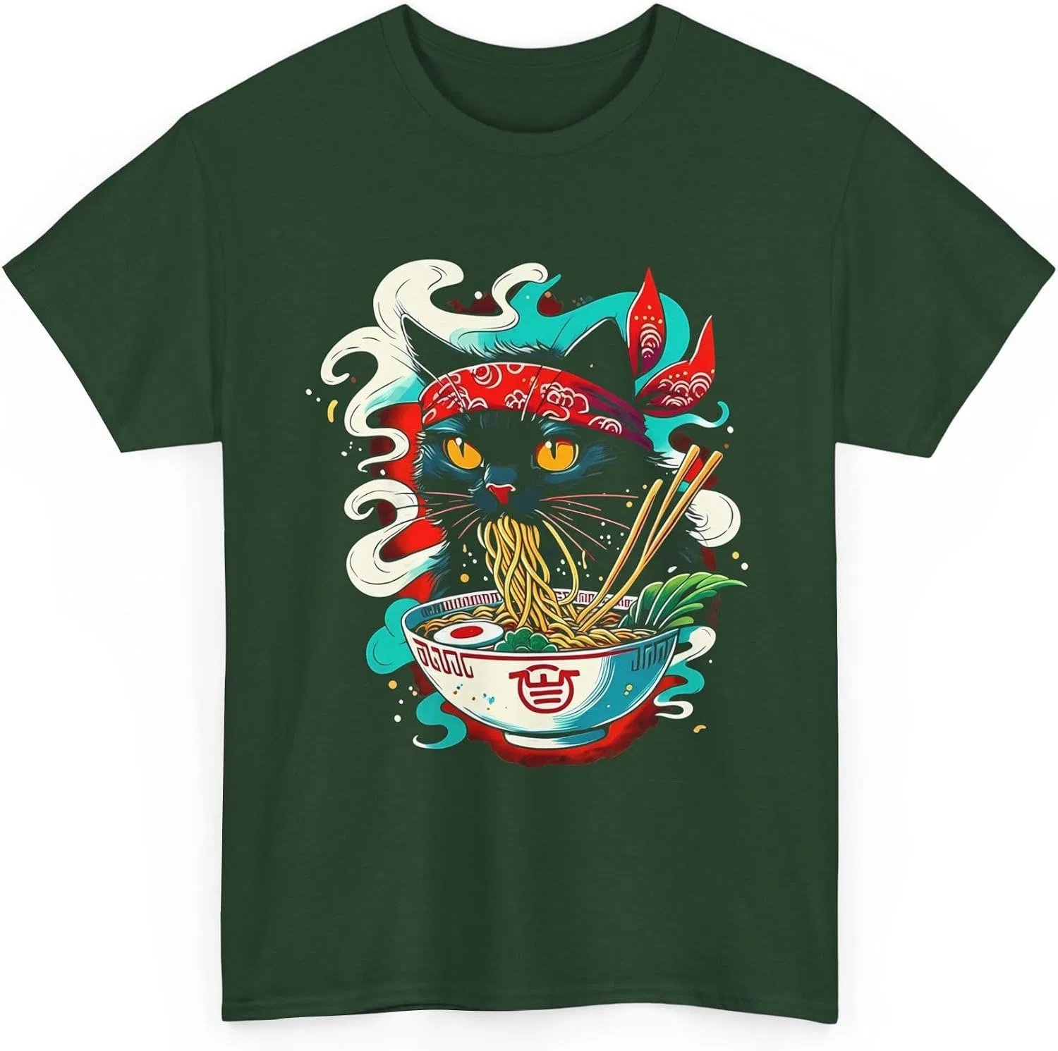 Женская футболка с принтом Ramen Cat, тёмно-зелёный