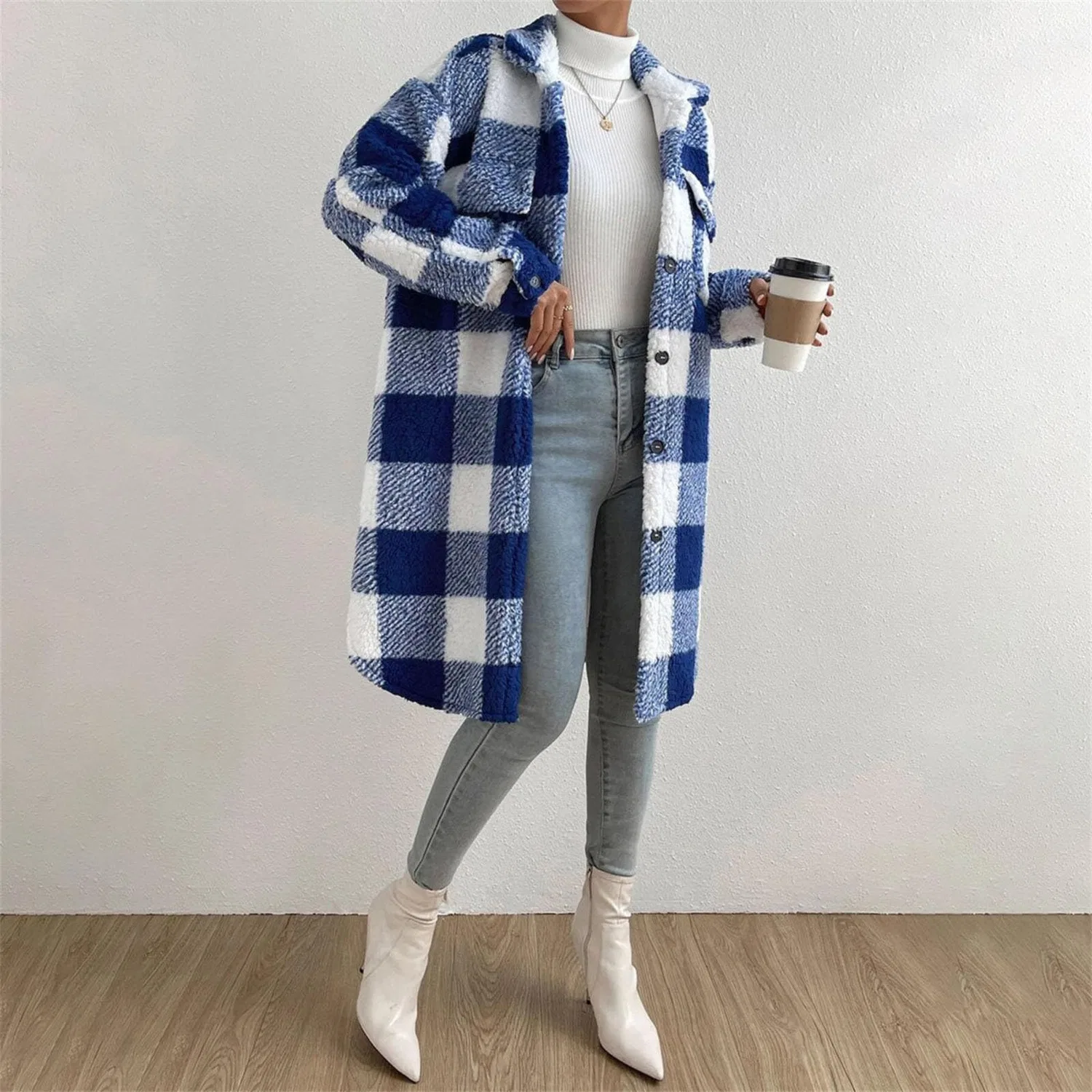 Женское пальто с пледовым принтом Petite Down Lapel Plush Plaid Coat, blue — фото 2