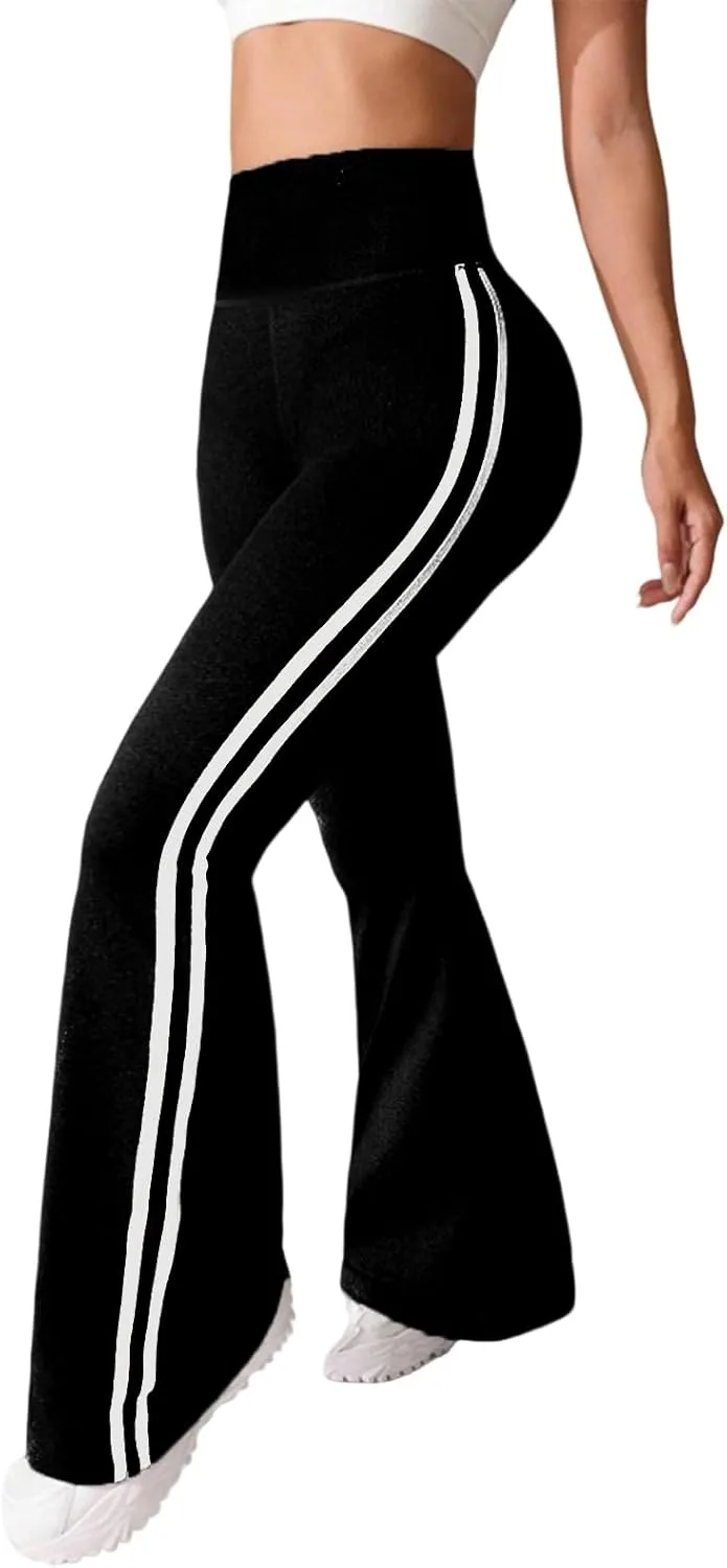 

FQZWONG женские леггинсы flare leg с боковыми полосками high waisted для йоги с эффектом контроля живота