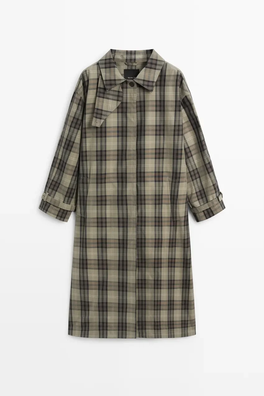 Пальто Massimo Dutti Long Cotton Blend Plaid Trench, зеленый/коричневый