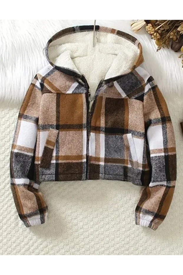 Детское пальто для девочек с принтом Unisex Zippered Plaid Plush Coat Shop, Orange