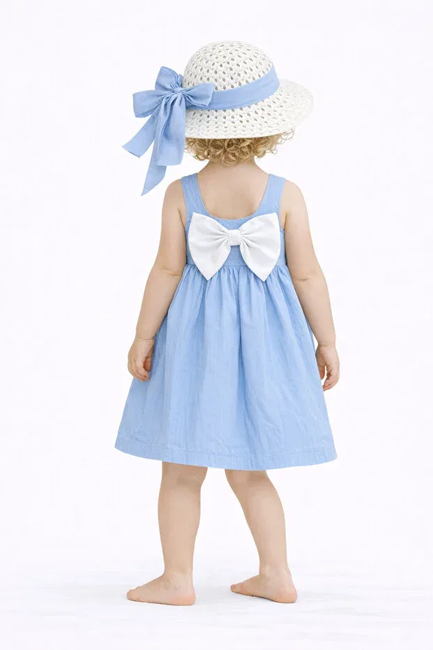 Детское платье для девочек хлопковое комплект платьев Sweet baby girl summer dress with bow hat cotton 2-piece dress Chicsy Baby, Bebe Blue — фото 2