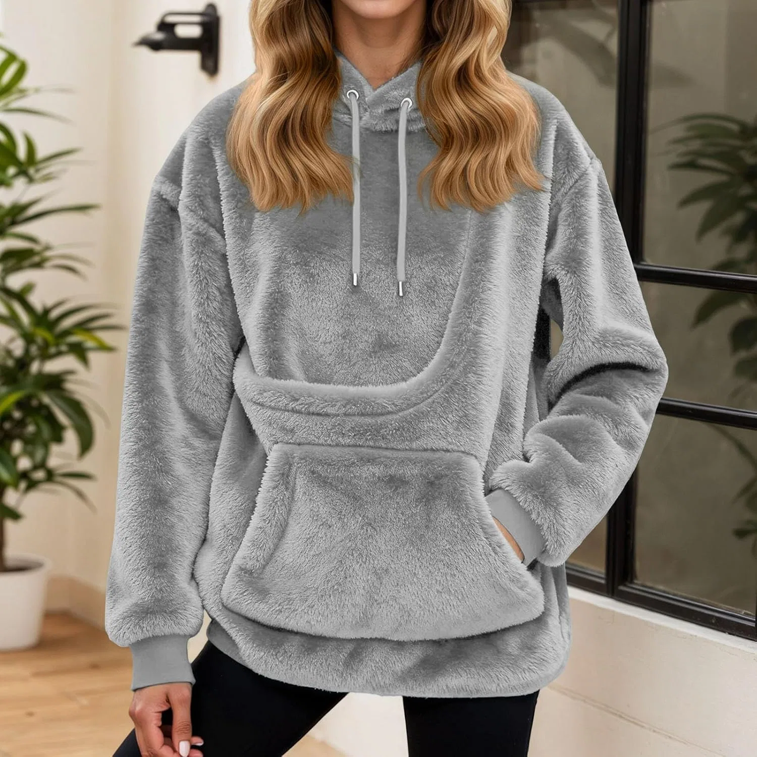 Женское худи с карманом для питомца, Fleece Oversized Sweatshirt With Pocket Front Carry Pouch For Small And Cats, Puppy Kitten Dogs Holder, серый — фото 2