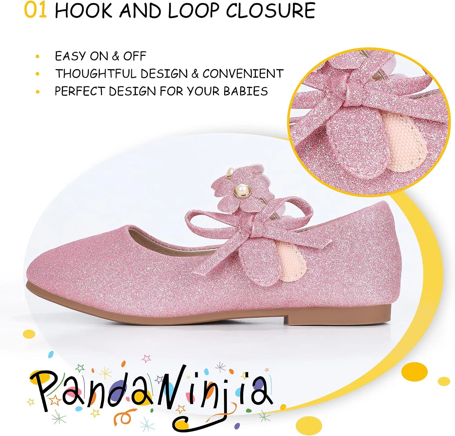 Детские туфли-балетки для девочек с жемчугом PANDANINJIA, Hotpink Glitter — фото 4