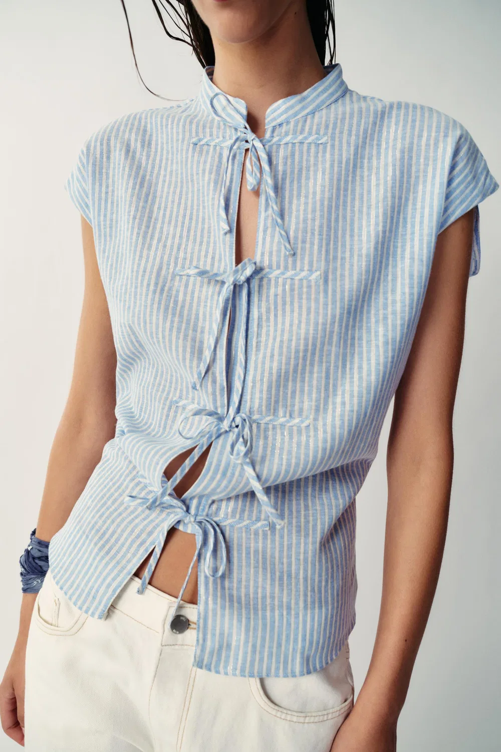 Блузка в полоску из металлизированной нити с бантиками. ZARA, Blue/White — фото 3