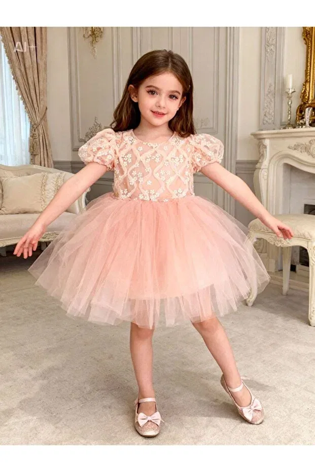 Детское платье из фатина с принтом Daisy tulle puffy dress Lunas Tekstil, Salmon — фото 2