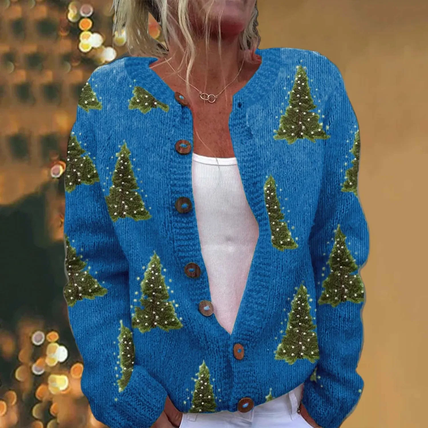 Женский кардиган с принтом Christmas Tree Long Sleeve, blue — фото 2