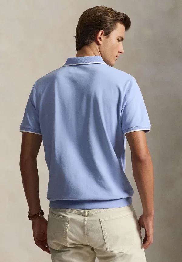 Футболка поло хлопковая Classic fit stretch mesh zip polo shirt Polo Ralph Lauren, Pebble Blue, синий — фото 3