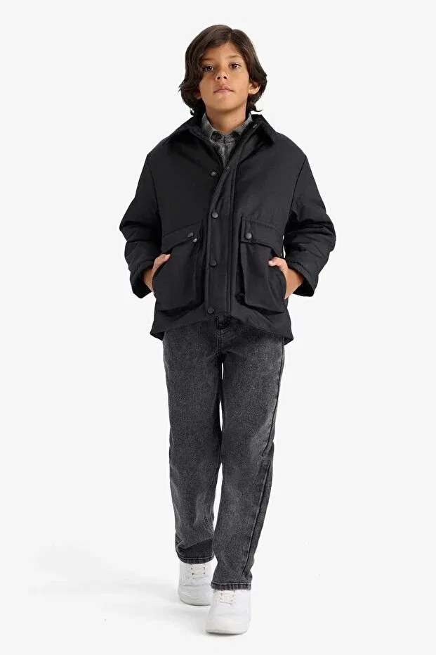 Детское пальто для мальчиков хлопковое Polo collar snap fastener coat Defacto, Black-Bk27 — фото 4