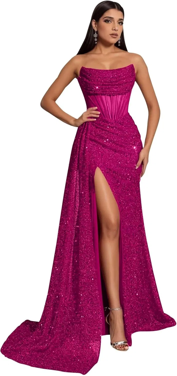 Женское мермейд-платье пайетки Strapless Formal SP001, Fuchsia