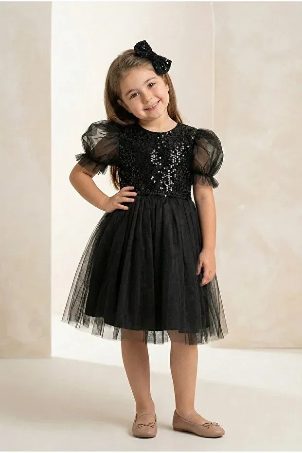 Детское платье для девочек с принтом Balloon sleeve sequin sequin girl's tutu dress m00751 Mnk Baby&Kids, Black — фото 3