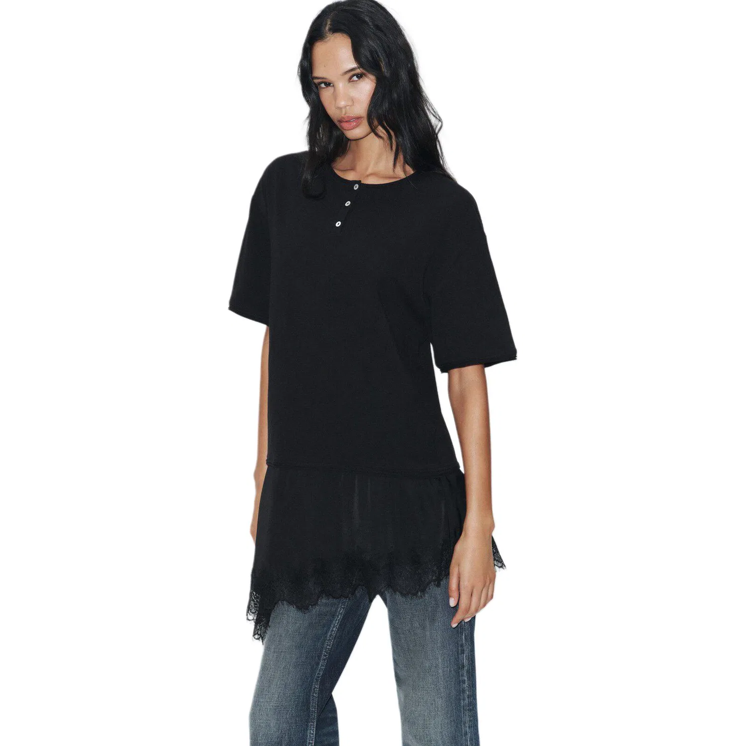 Женская футболка с круглым вырезом прямого кроя Black ZARA — фото 4