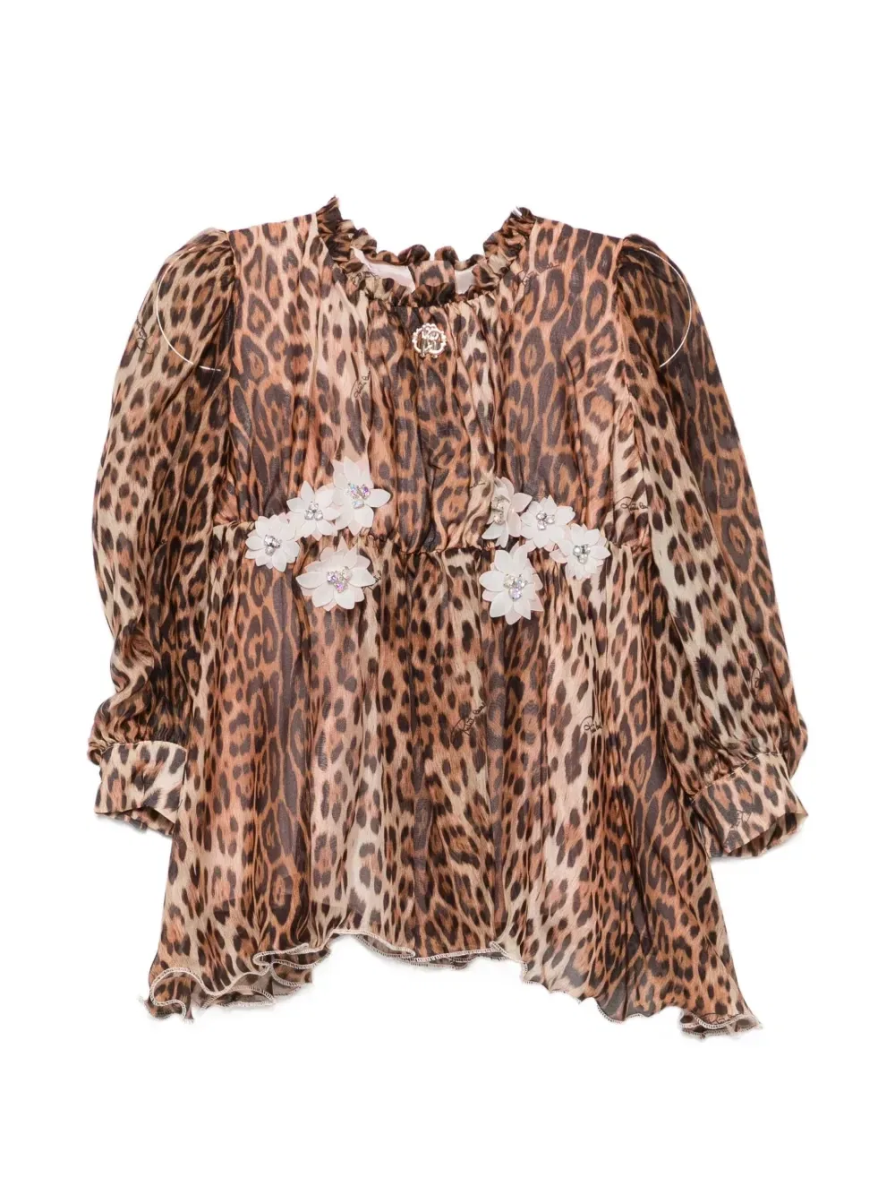 Платье с леопардовым принтом и цветочными аппликациями Roberto Cavalli Junior, коричневый