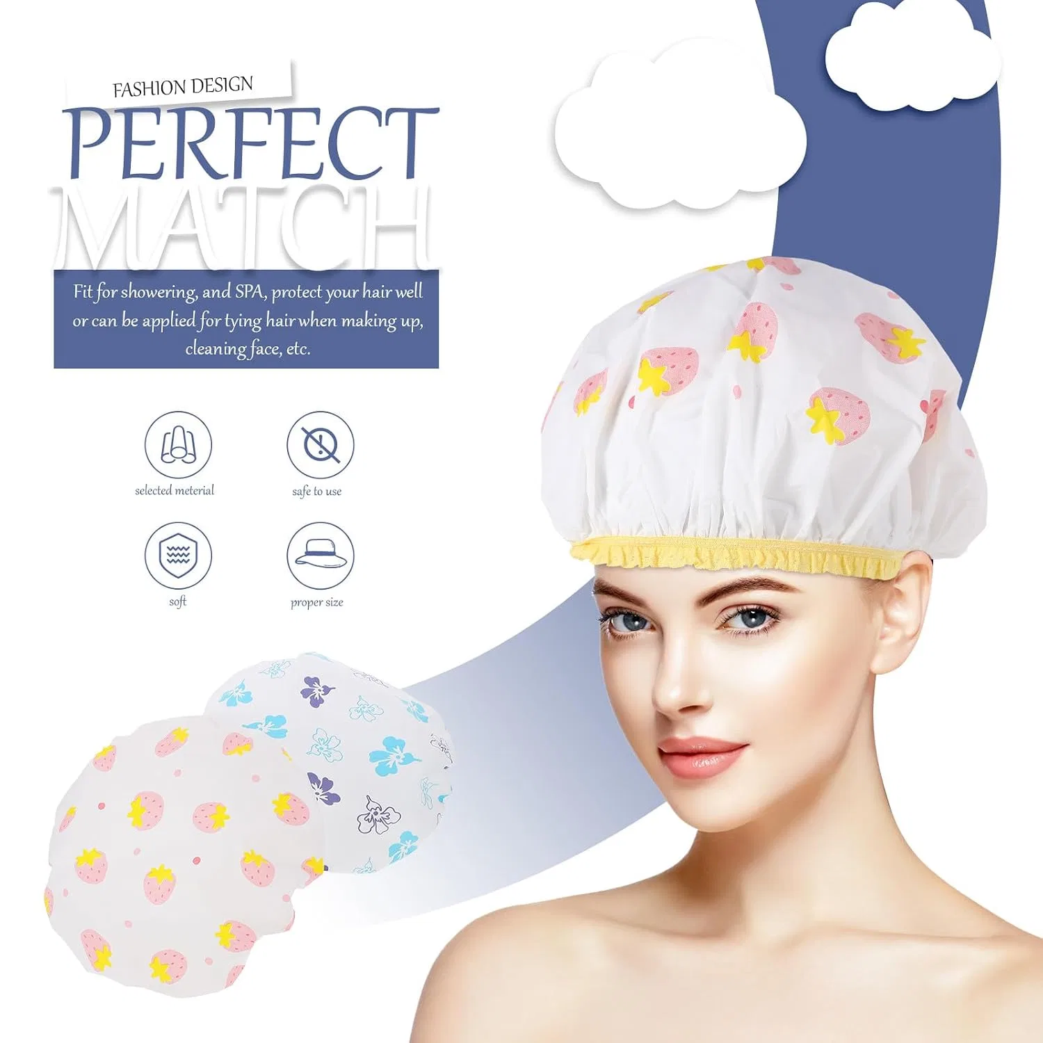 Шапочка для душа двухслойная с резинкой, 2 шт, PEVA, TOPPERFUN, 27x27 см — фото 3
