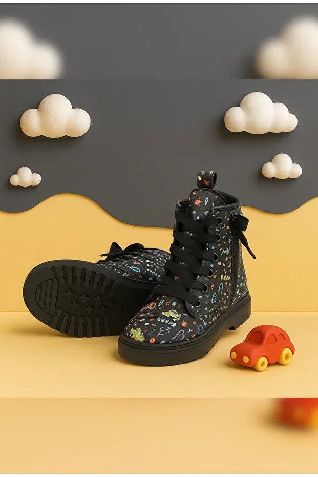 Детские ботинки для девочек с принтом Unisex patterned winter children's boots zippered lace-up comfortable and flexible soled daily black boots Zilvana, Multicolor — фото 4