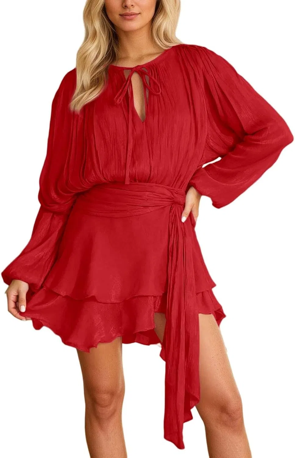 Женское летнее платье с рукавом-фонарик, с рюшами, легкое, модель Bubble Sleeve Pleated Ruffle, красный