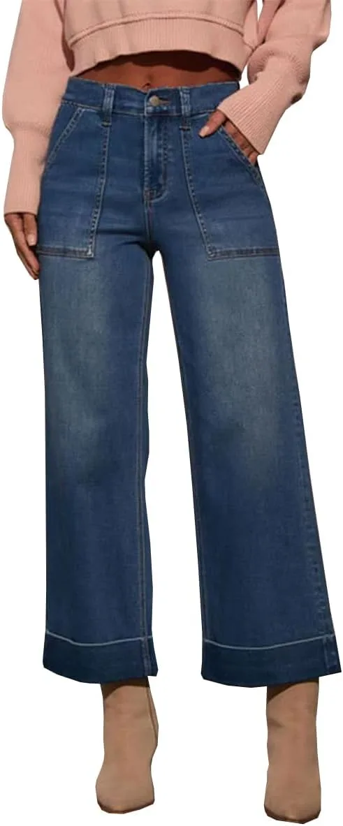 

Женские джинсы с высокой талией и широкими штанинами, укороченные, эластичные, с накладными карманами TACSTRUN