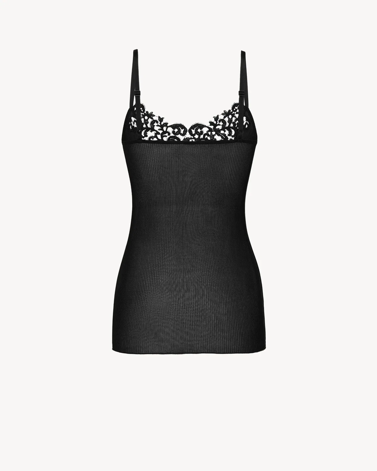 Гипюровый топ на бретельках из ребристого шелка SAINT LAURENT, черный — фото 3