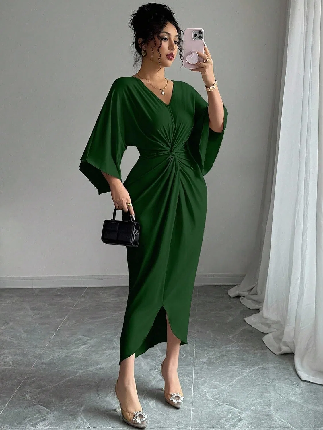Женское платье миди с рукавами-бабочками V-образным вырезом, Dark Green — фото 4