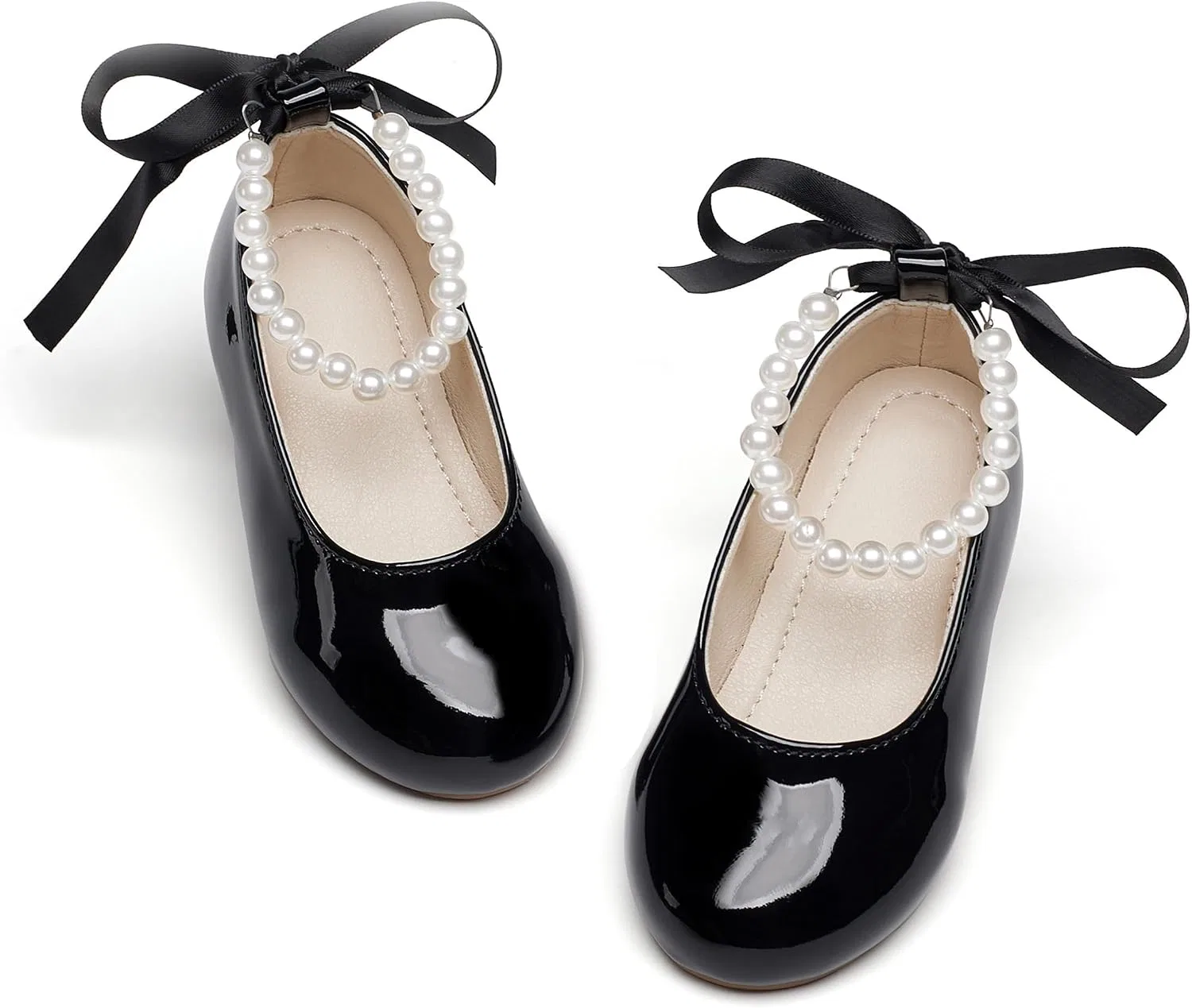 Детские туфли-балетки для девочек с жемчужным ремешком PHIRAMIN, Patent Black Pearl Strap
