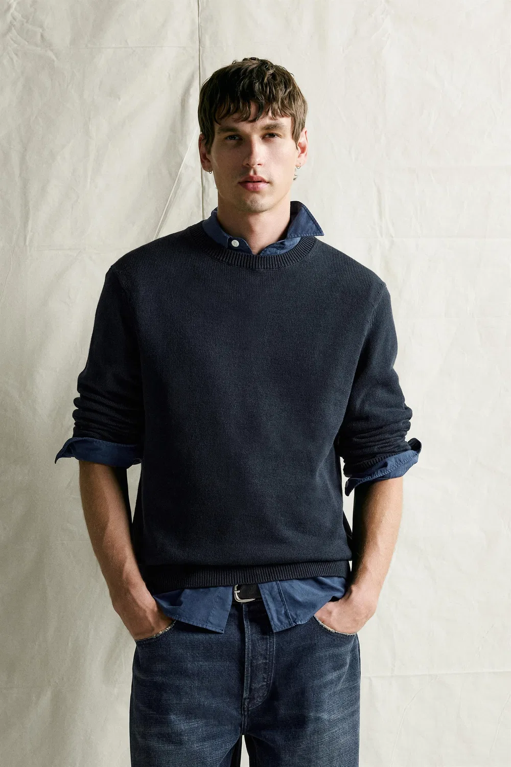 Хлопково-льняной джемпер стандартного кроя ZARA, Dark navy — фото 2