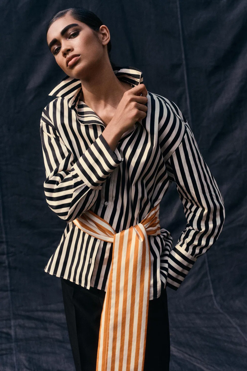 Рубашка в полоску с контрастным поясом ZARA, Ecru/Black