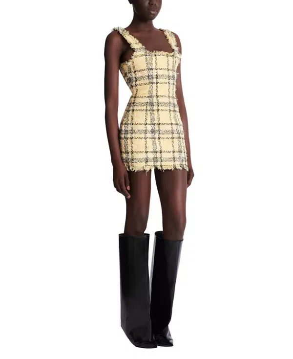 Женское платье с принтом Short Strappy Dress in Glitter Tweed Balmain, желтый