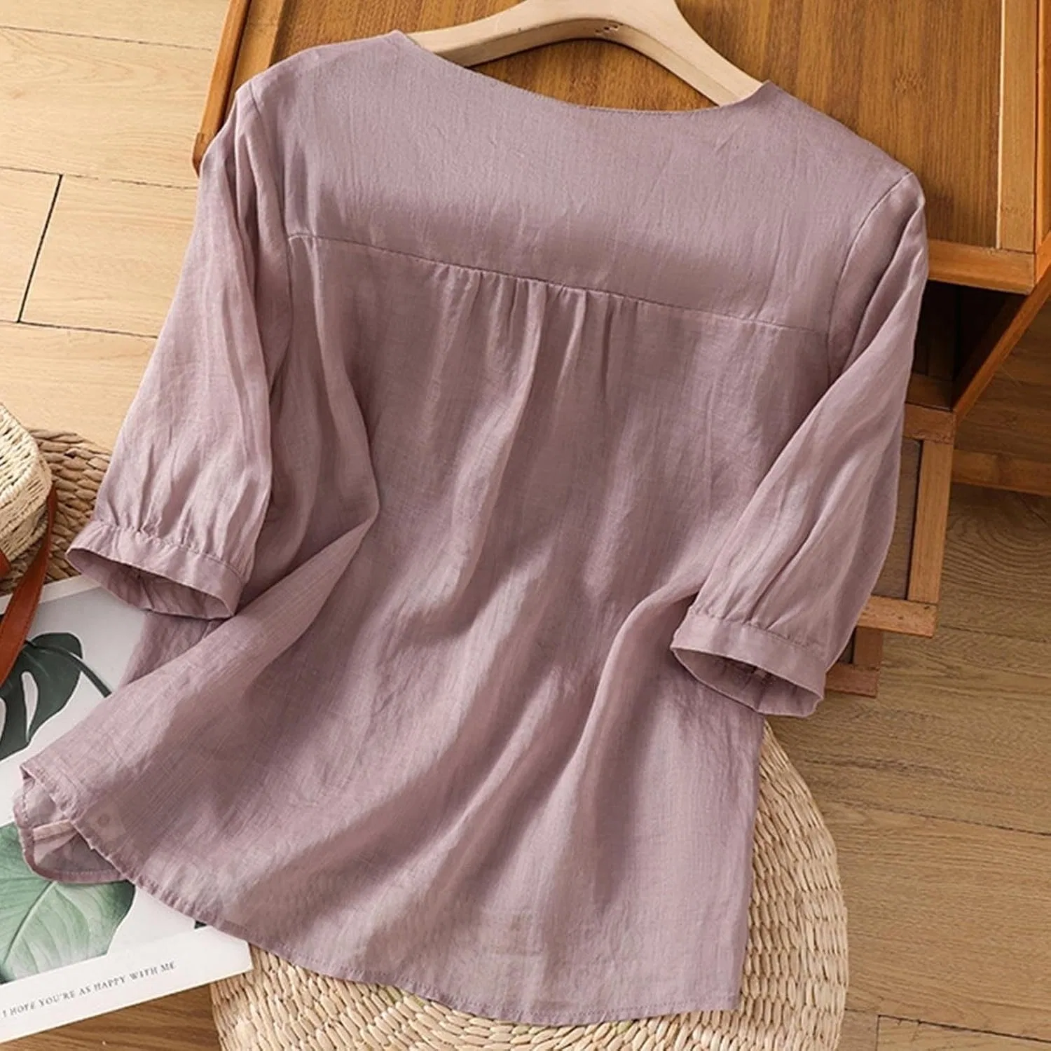 Женская туника с вышивкой Peasant Cotton Linen, #1-purple — фото 3