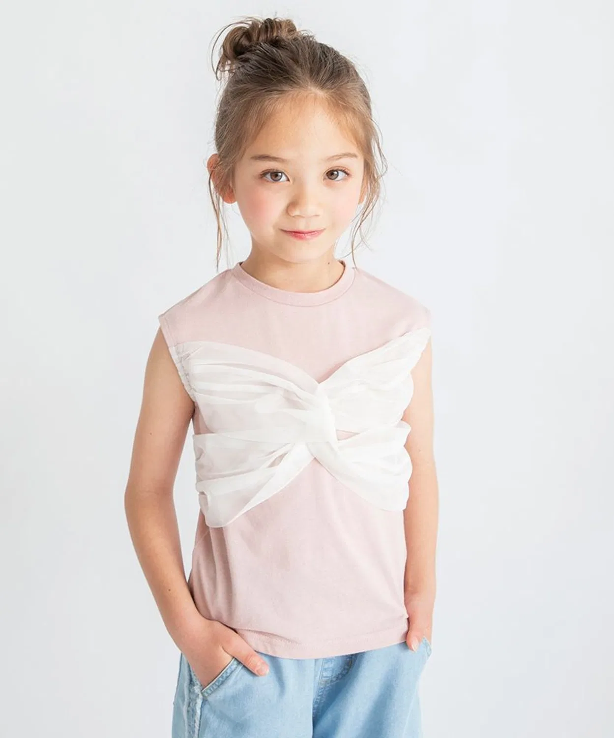 Детский топ с рукавом-фонарик и тюлевым акцентом, модель Cross Design, branshes, Pink