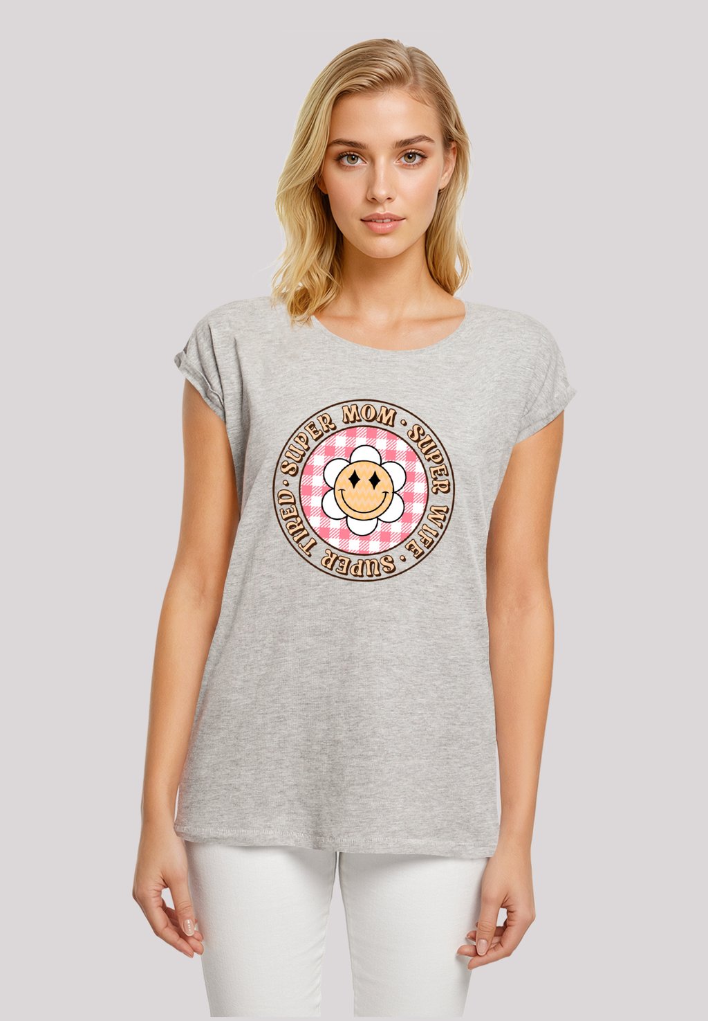 

Футболка с принтом MUTTERTAG SUPER MÜDE MAMA RETRO BLUMEN F4NT4STIC, серый