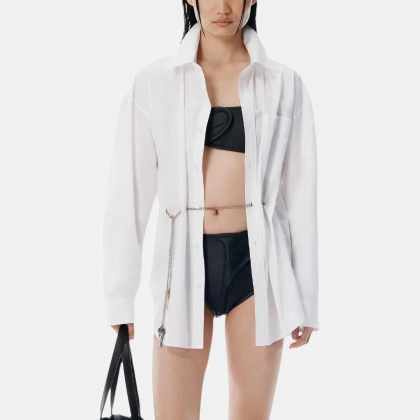 Рубашка с длинным рукавом, воротником и цепочкой на поясе Alexander Wang, White — фото 4