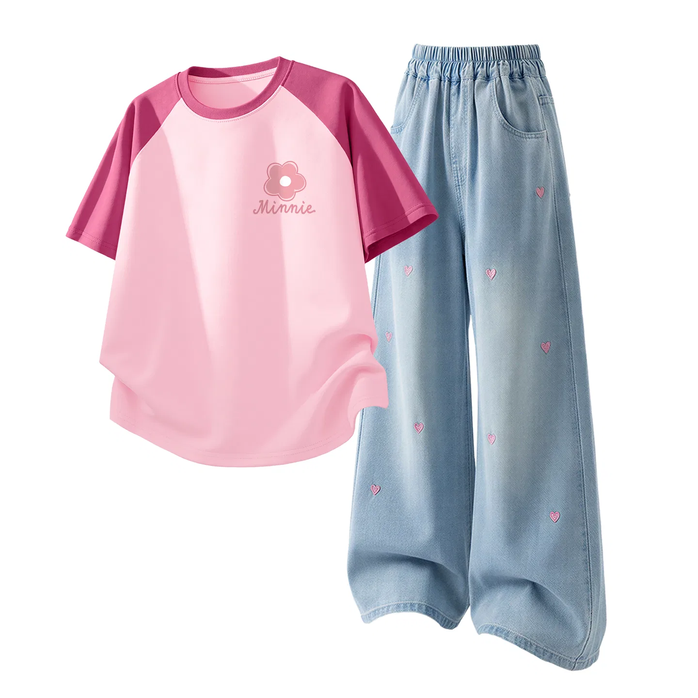 Детская повседневная спортивная футболка с круглым вырезом Disney, Dazzling Berry Pink+Solid Color Denim Light Blue — фото 3