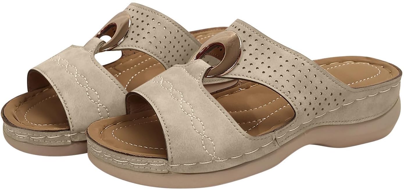 

Женские босоножки на танкетке, повседневные с вырезами, открытым носком, на платформе, удобные шлепанцы, дышащие, для ходьбы, с поддержкой свода стопы, комфортные ортопедические туфли Generic, бежевый