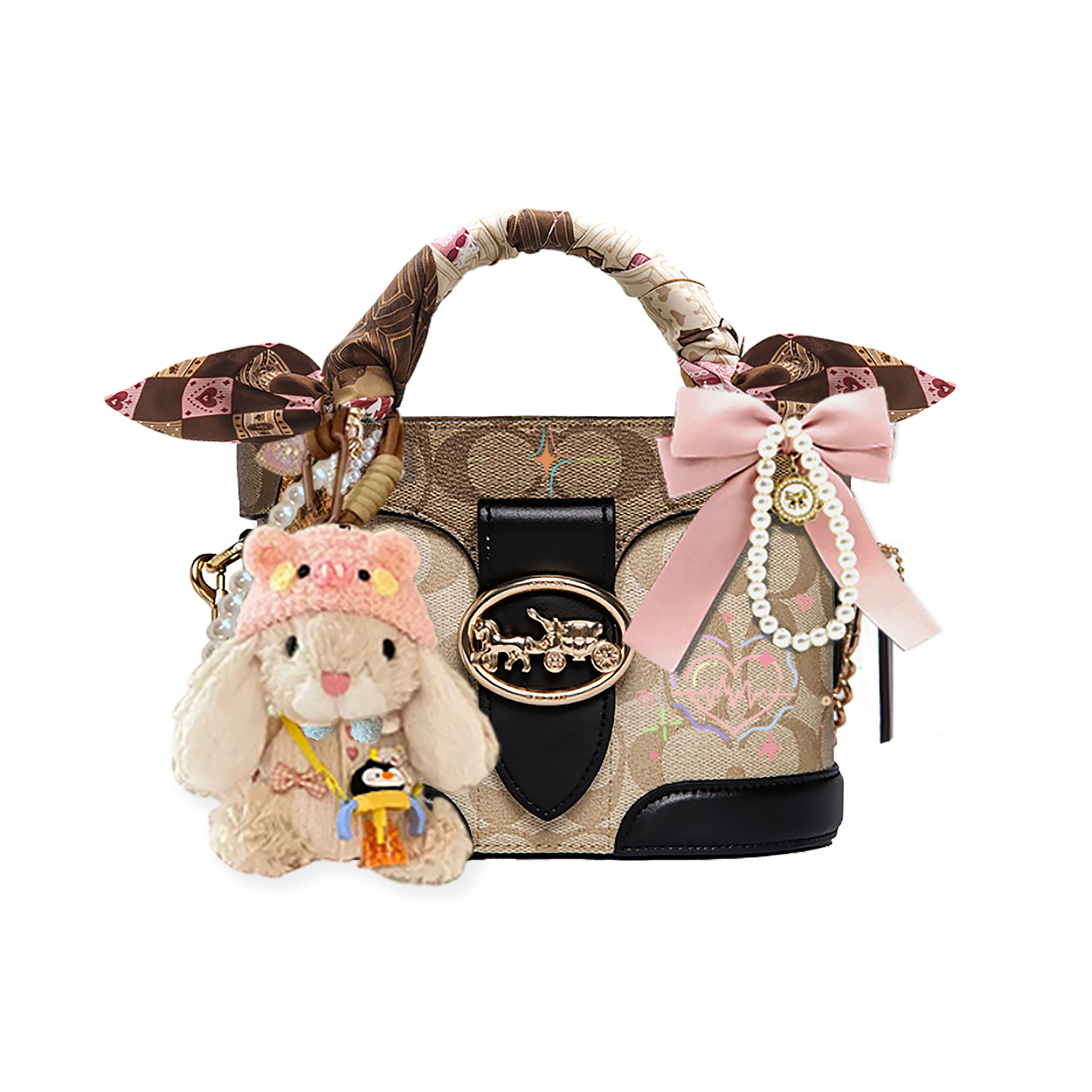 

Georgie Cow Leather Wind Cotton, коллекция Hand Drawn Barcelona Bear, аксессуар в виде медведя, одно плечо COACH, розовый bunny