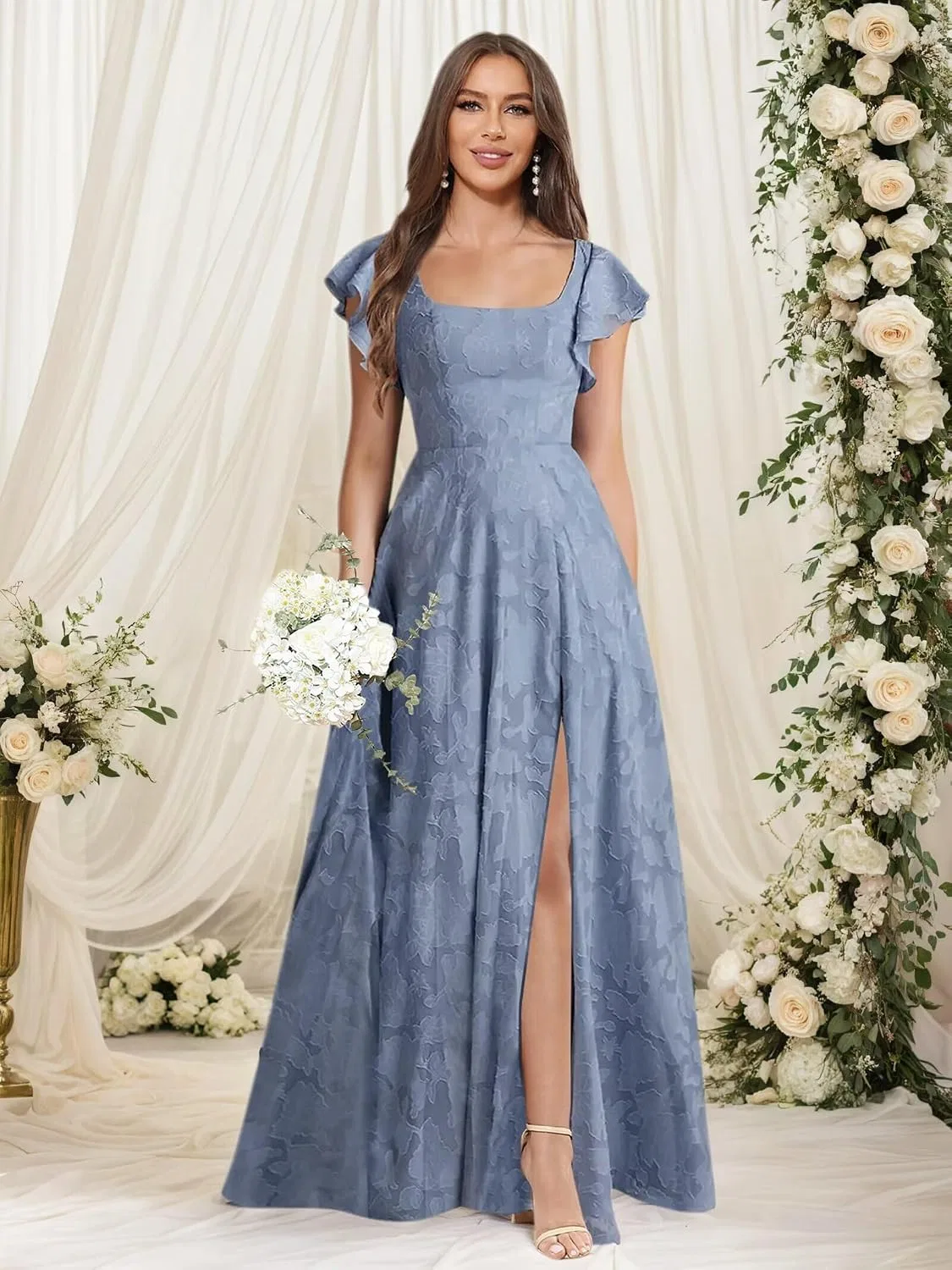 Женское длинное платье с цветочным жаккардом Square Neck, Navy Blue — фото 3