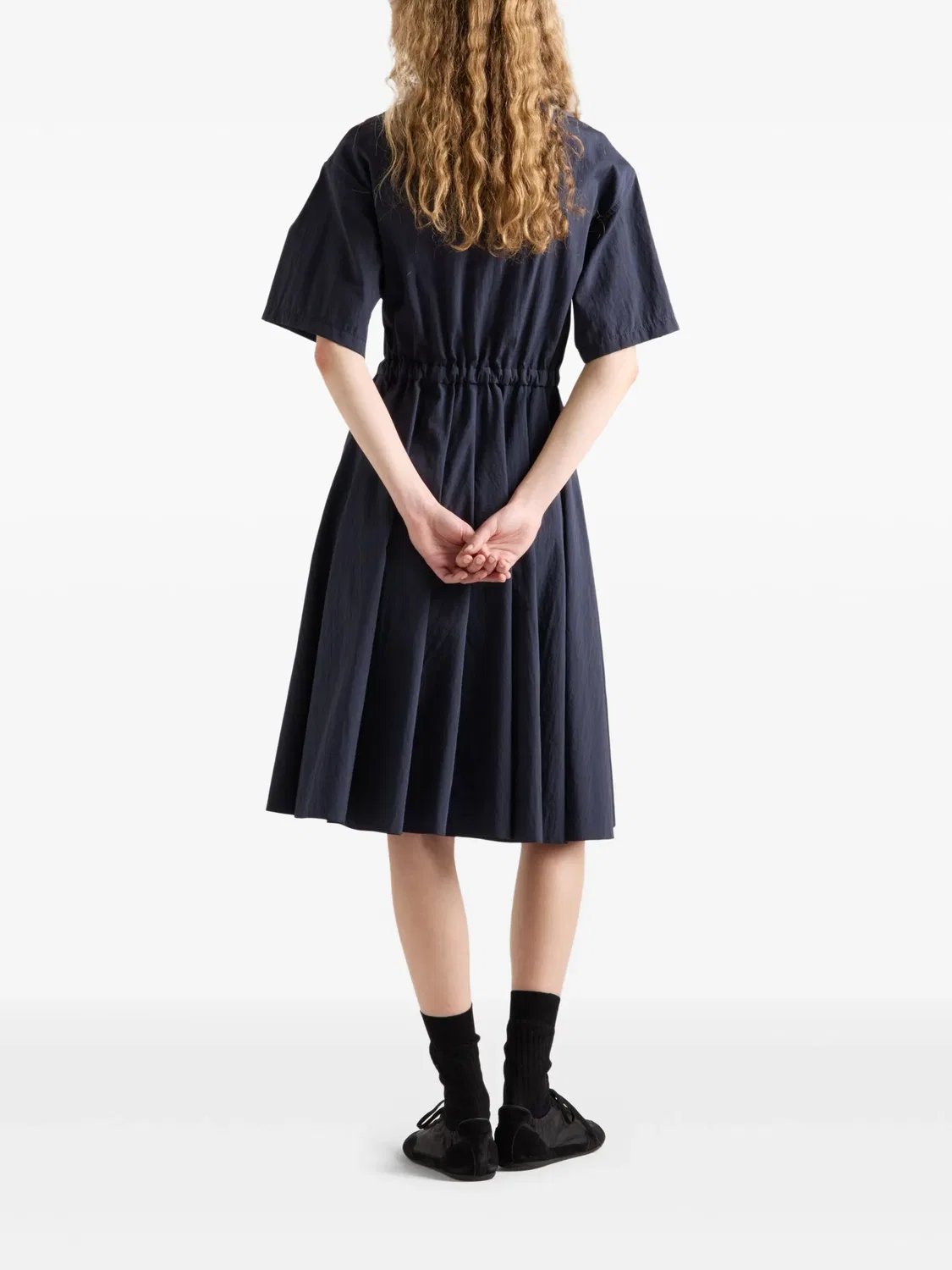 Платье миди с коротким рукавом из понже Prada, темно-синий — фото 3
