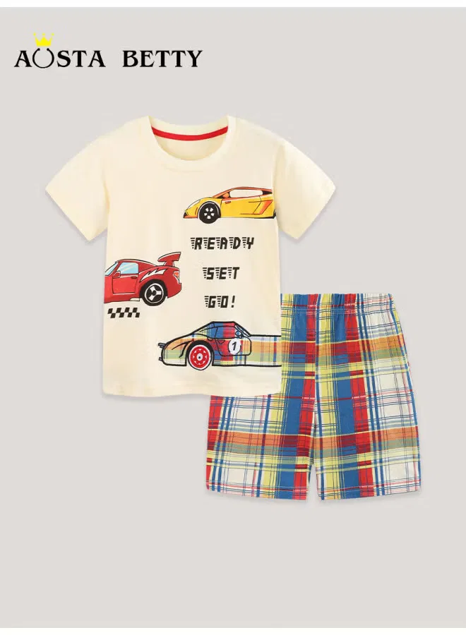Комплект шорт с принтом машин модель New summer car print boys' short-sleeve set european and american style children's plaid shorts two-piece set Aosta Betty Store — фото 2
