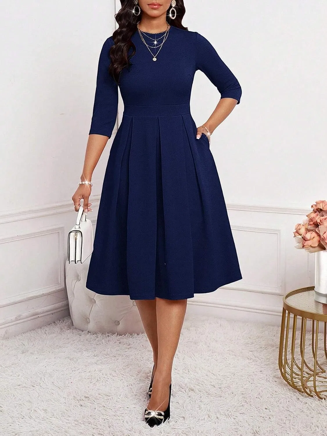 Женское миди платье А-силуэта с высокой талией, Navy Blue — фото 4