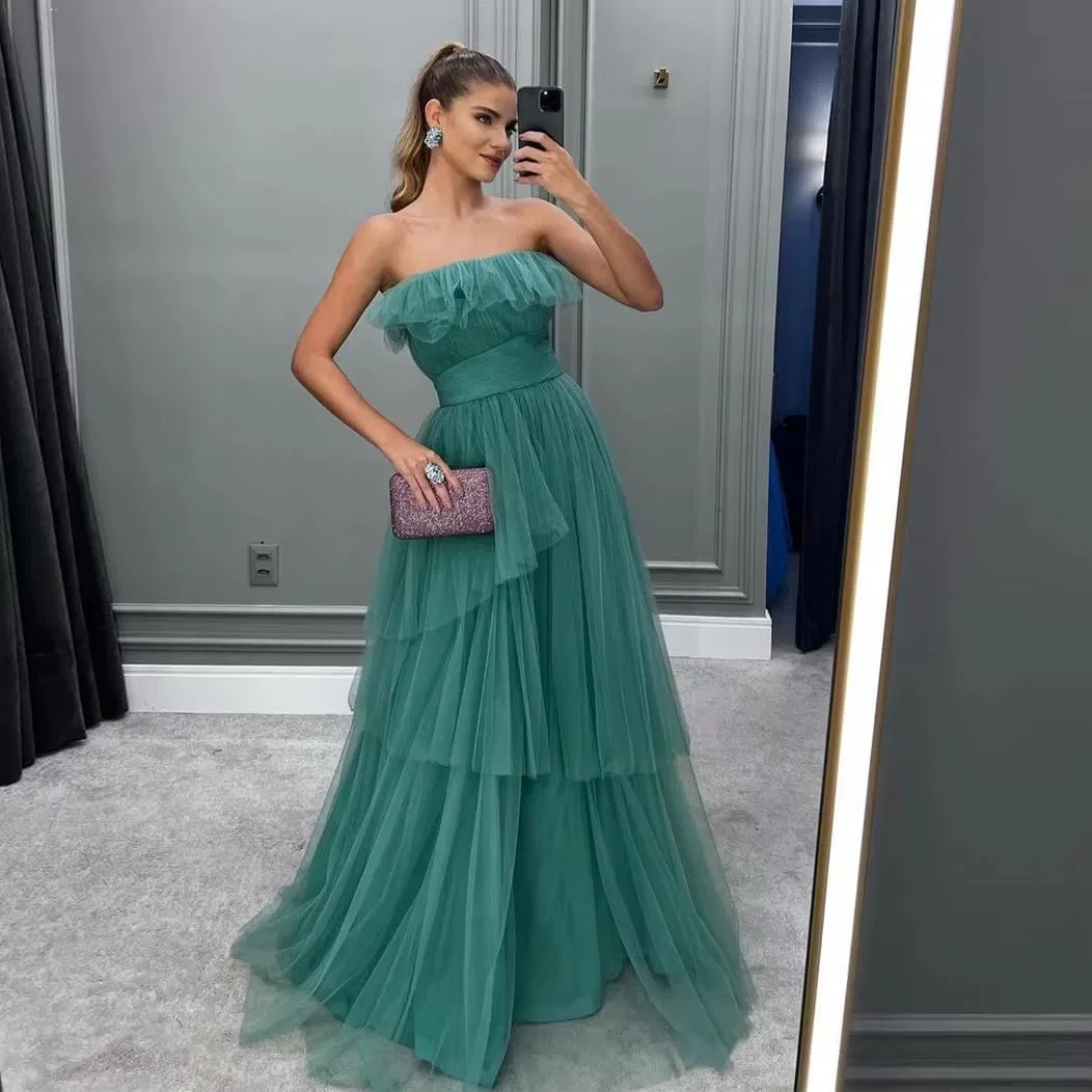 Женское вечернее платье A-line с воланами из фатина, Strapless Ruffle Prom Dresses, Peacock — фото 2