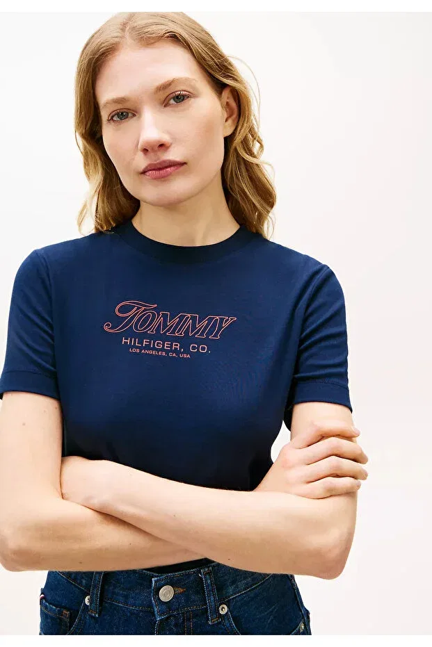 Женская хлопковая футболка с принтом Tommy Hilfiger, Navy Blue — фото 3