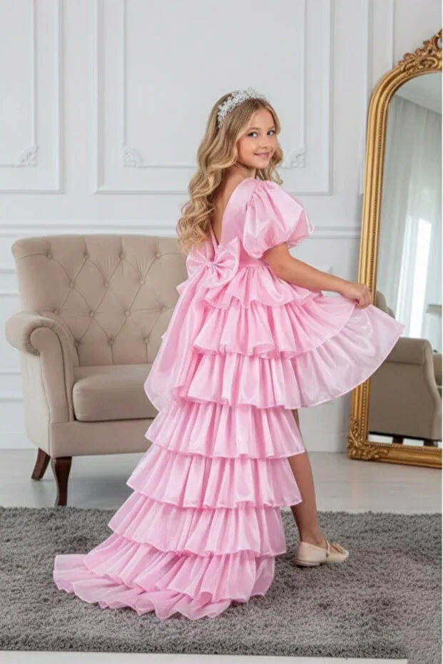 Детское вечернее платье для девочек с воланами Dream Model Crowned Tailed Abiyekids, Pink