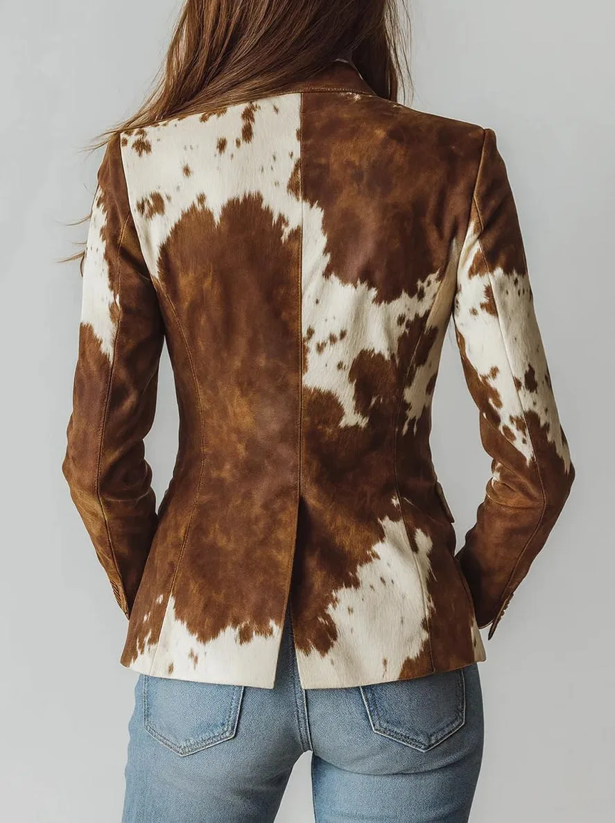Женский жакет с лацканами, с принтом коровы, Vintage, из замши, со стойкой, Slim Fit, Brown a — фото 3