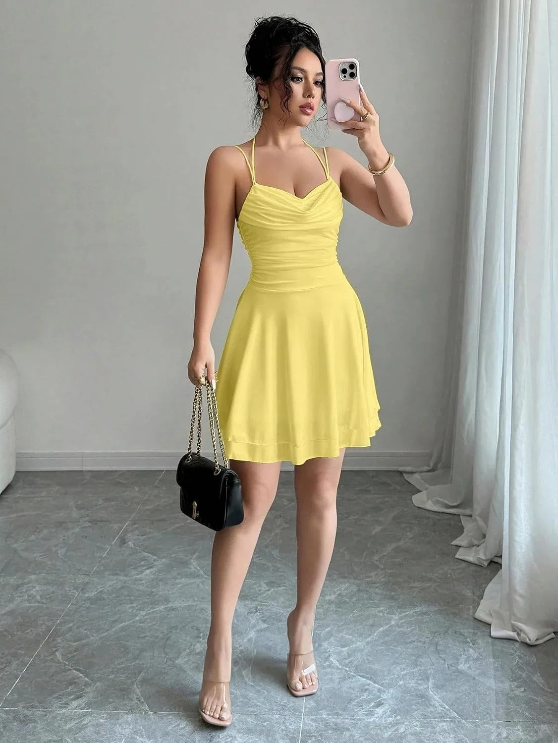 Женское повседневное платье-комбинация с открытой спиной, Yellow — фото 4