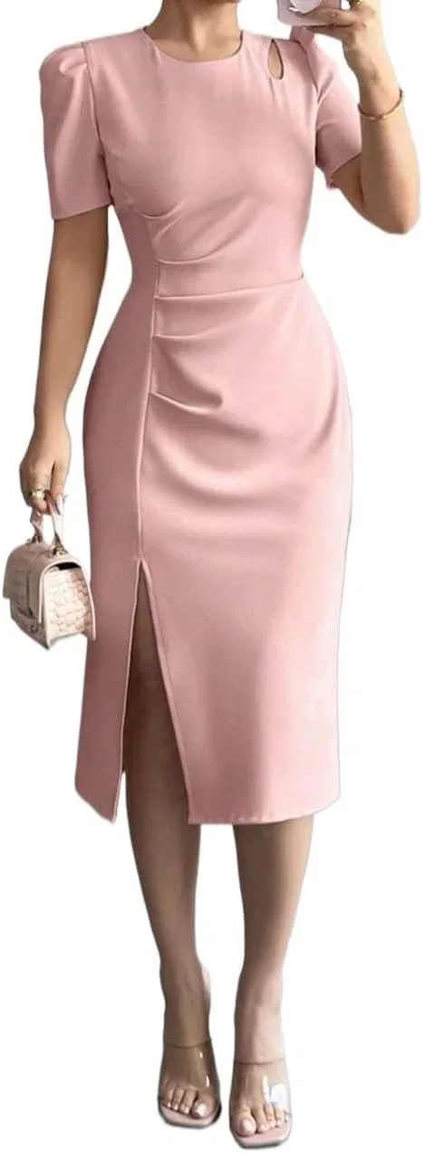 Женское элегантное платье с пышными рукавами, Pink