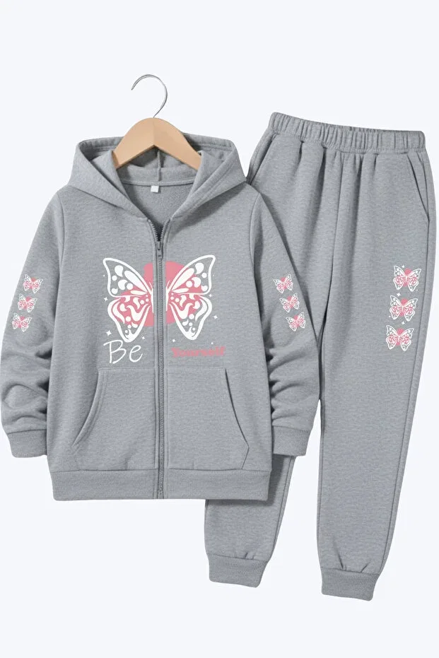 Детский спортивный костюм для девочек с принтом Zipped hooded butterfly print detail Panios Kids, Gray