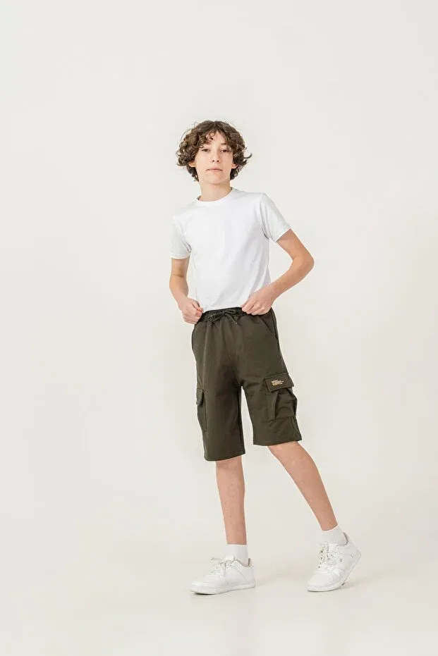 Детские шорты для мальчиков с принтом Double cargo pockets left pocket cover Mışıl Kids, Khaki — фото 2