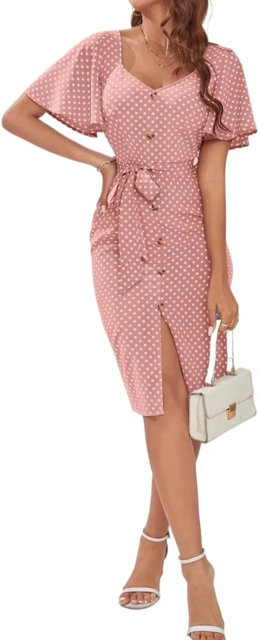 Женское повседневное миди-платье с точками и поясом, Dusty Pink