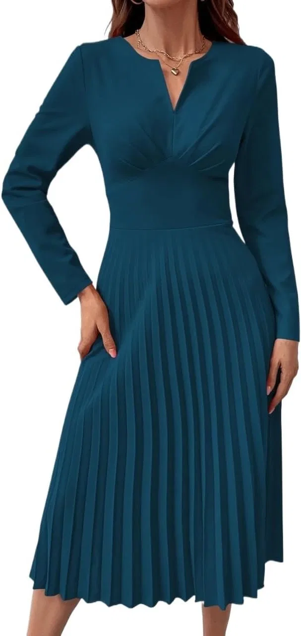 Женское элегантное платье миди A-силуэта с плиссе, Long Sleeve, Teal Blue