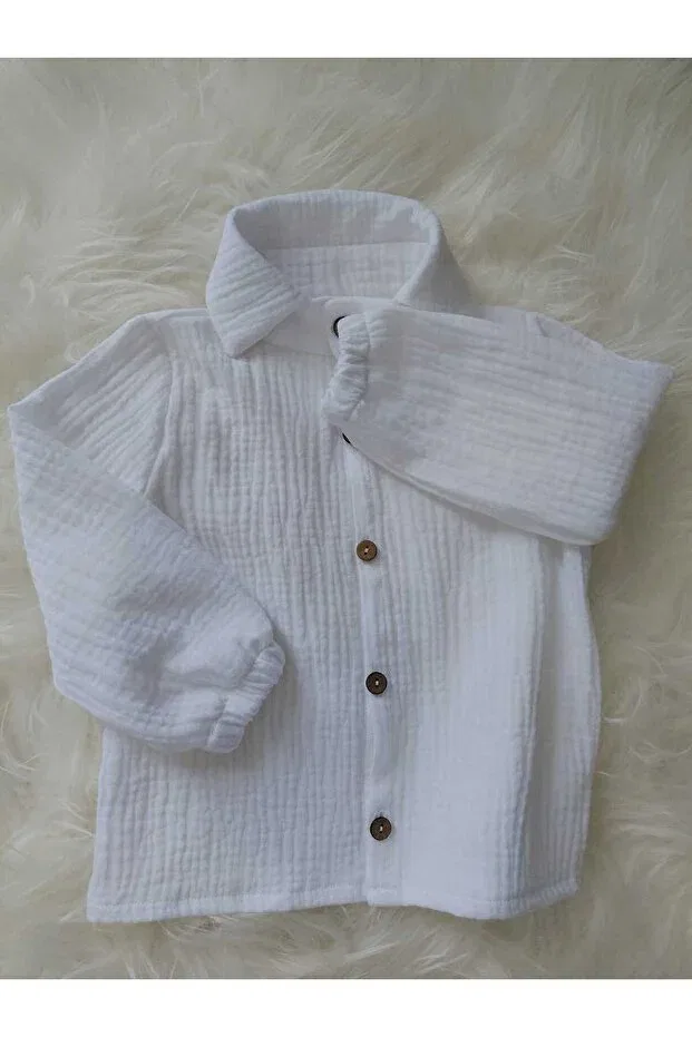 Детская рубашка из муслина для мальчиков с длинным рукавом Ykr Design, White