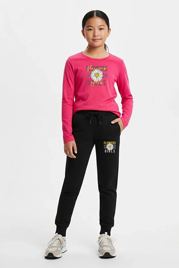 Детский спортивный костюм для девочек с принтом Round Neck Flowers Printed Panios Kids, Fuchsia